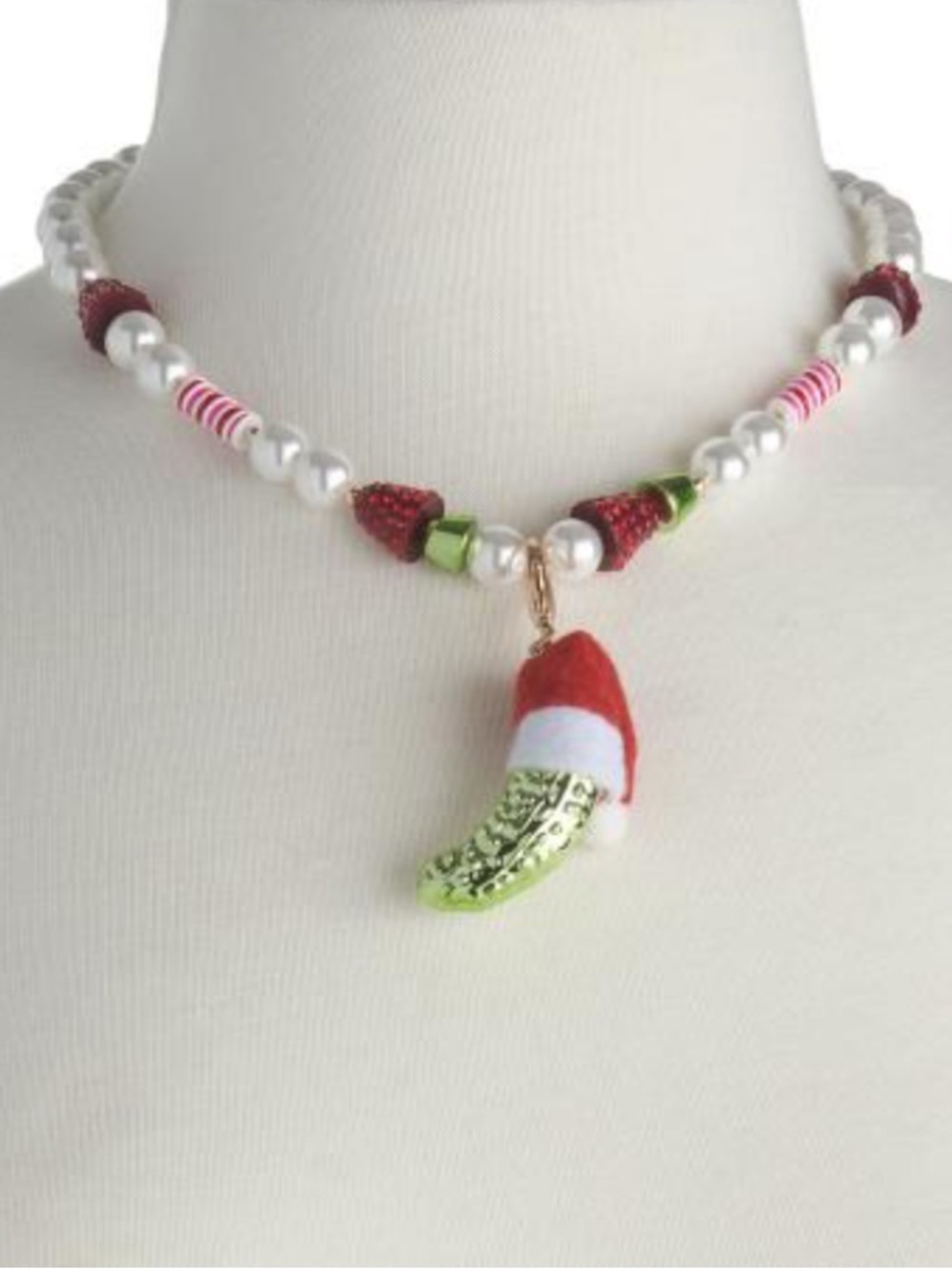 BETSEY JOHNSON Christmas German Pickle in Santa Hat Pendant Pearl Necklace NWT